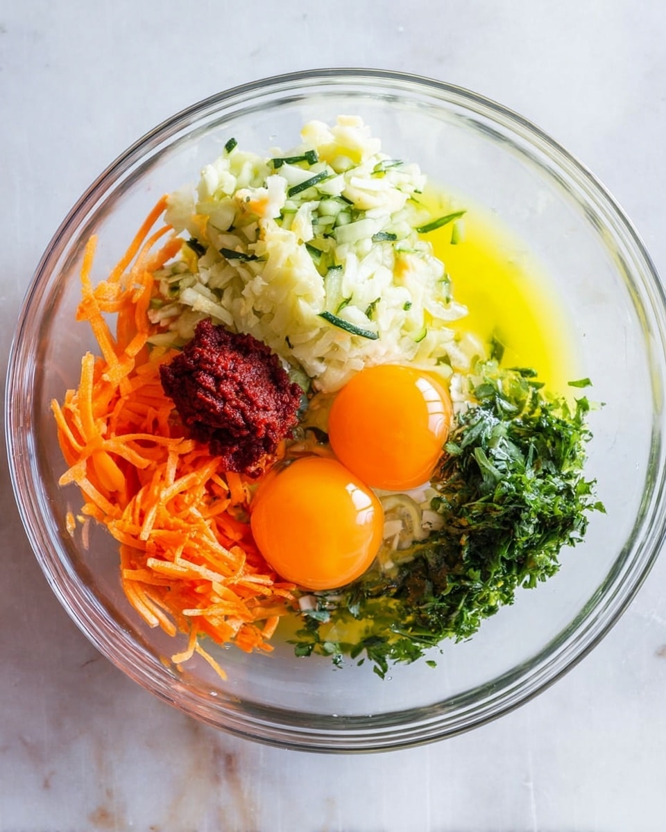 A clear glass bowl on a white marbled surface holds several colorful ingredients layered separately. There are two bright orange raw eggs positioned near the top right, surrounded by a pool of yellow oil. To the left of the eggs, a scoop of dark red paste sits next to a cluster of shredded light orange carrots. Above the carrots are bits of finely chopped pale green zucchini, and below them, a bed of finely chopped fresh green herbs fills the bottom right area of the bowl. The ingredients create a vibrant, fresh mix of colors and textures, each visible and unmixed, in the clear bowl. Photo taken with an iphone --ar 4:5 --v 7