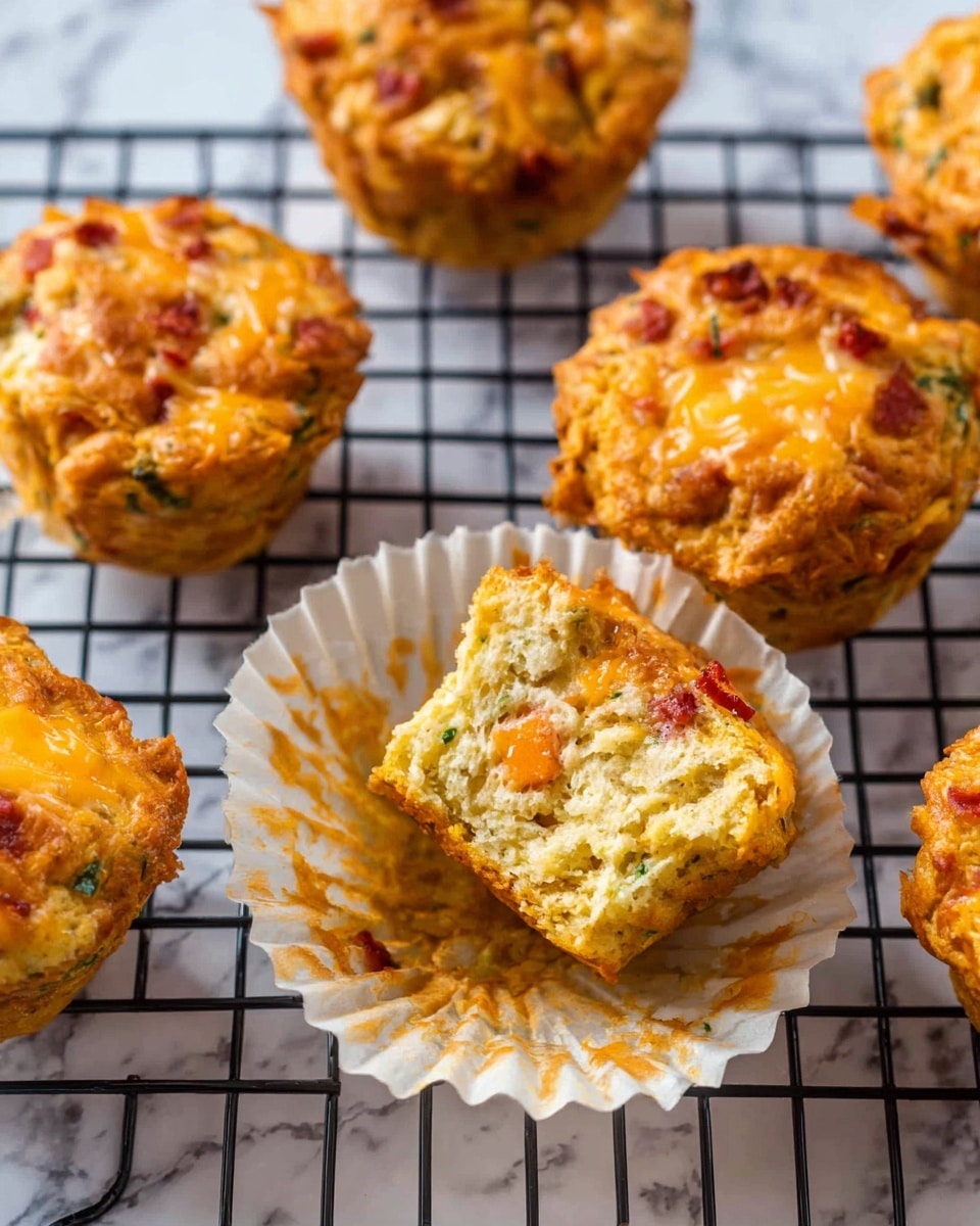 The image shows several savory muffins placed on a black wire cooling rack over a white marbled surface. Each muffin has a golden-brown top with melted cheese and scattered small red pieces, likely bacon or pepper. One muffin is opened halfway, showing a light, soft, and moist interior with visible green herbs and small orange bits inside. The opened muffin sits in a white paper liner that is spread open beneath it. The muffins have a slightly uneven, rustic shape and a textured, crispy surface. Photo taken with an iphone --ar 4:5 --v 7