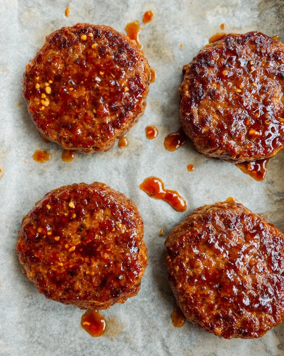 The image shows four round burger patties on parchment paper over a white marbled surface. Each patty is evenly brown with a slightly crispy texture, covered in a shiny reddish-brown sauce that has small orange and yellow specks. The sauce is thick and glistens with droplets spread across and around the patties. The patties look juicy and cooked well, with a rough surface texture showing bits of seasoning and meat. photo taken with an iphone --ar 4:5 --v 7