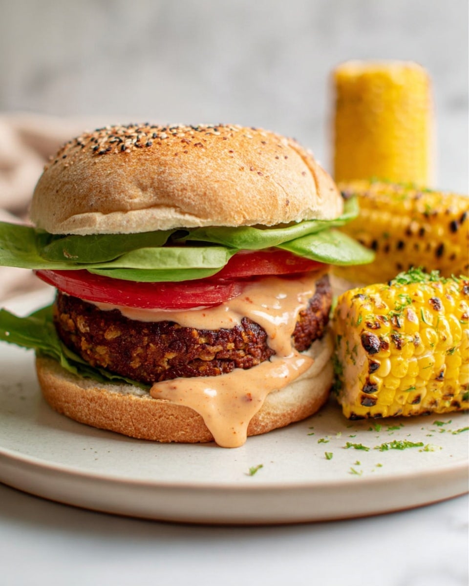 A toasted sandwich bun with visible seeds on top forms the top layer, under which lies a fresh green lettuce leaf, a slice of red tomato, and a thick brown veggie burger patty. A light orange sauce drips from the lettuce and patty, pooling slightly on the bottom bun. On the white round plate next to the sandwich are two grilled corn cob halves with small pieces of green herbs sprinkled on them. The dish sits on a white marbled surface. Photo taken with an iphone --ar 4:5 --v 7