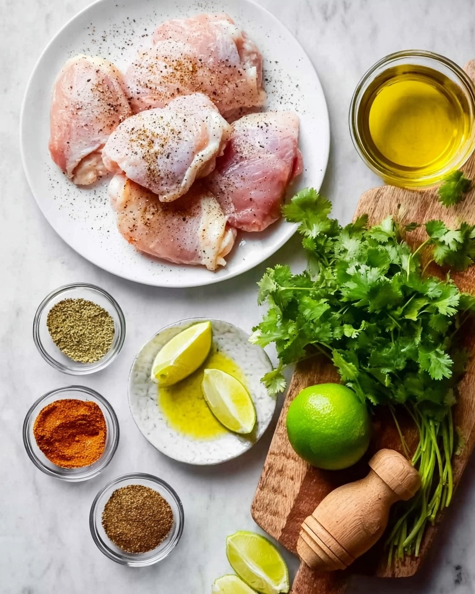 A white plate filled with raw light pink chicken thighs sprinkled with black pepper sits on a white marbled surface. Next to the plate is a wooden board with bright green fresh cilantro leaves, a whole green lime, and a half lime showing its juicy inside. A small glass bowl with light yellow liquid and a wooden lime squeezer holding some squeezed lime are placed on the board. Around the plate and board are small glass bowls with different spices in brown, reddish, and tan colors, along with a bowl of olive oil. A woman's hand is holding the wooden squeezer pressing the lime. Photo taken with an iphone --ar 4:5 --v 7