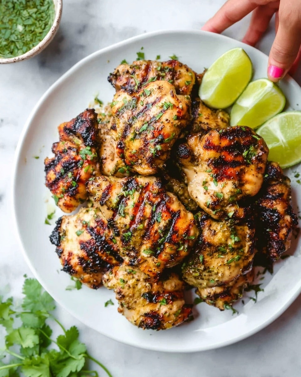 The image shows a white plate filled with several grilled chicken pieces, each with visible grill marks and a golden-brown color mixed with charred darker spots. The chicken is sprinkled with chopped green herbs, adding a fresh pop of color on top. On one side of the plate, there are lime wedges in light green shades, neatly arranged. The plate sits on a white marbled surface, and there is a woman's hand reaching toward the chicken from the left side of the frame. Some fresh green herbs lie in the foreground near the plate. Photo taken with an iphone --ar 4:5 --v 7