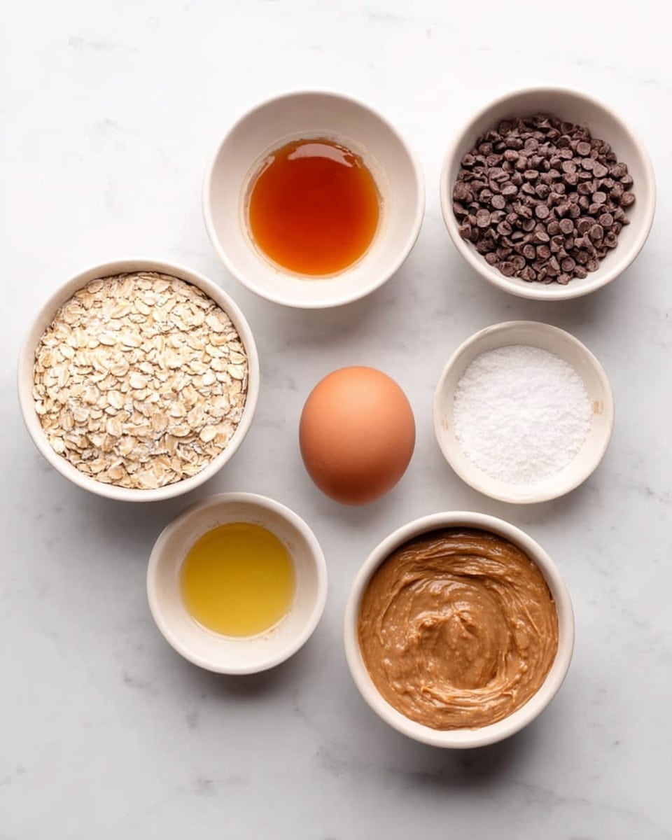 The image shows eight white bowls and one egg placed on a white marbled surface. Starting from the top left, there is a bowl filled with light beige rolled oats; next to it on the right is a white bowl with a clear amber-colored liquid, likely honey or syrup. To the right of that is a bowl filled with dark brown chocolate chips. Below the oats is a small bowl containing a fine white powder, likely baking soda. Below that is an empty white bowl with a golden-yellow liquid, possibly oil or vanilla extract. In the center lies a single brown egg. To the right of the egg is a white bowl with light brown almond butter or nut butter, showing a smooth texture with slight swirls. To the right of the nut butter is a small bowl of white salt. The photo is taken with an iphone --ar 4:5 --v 7