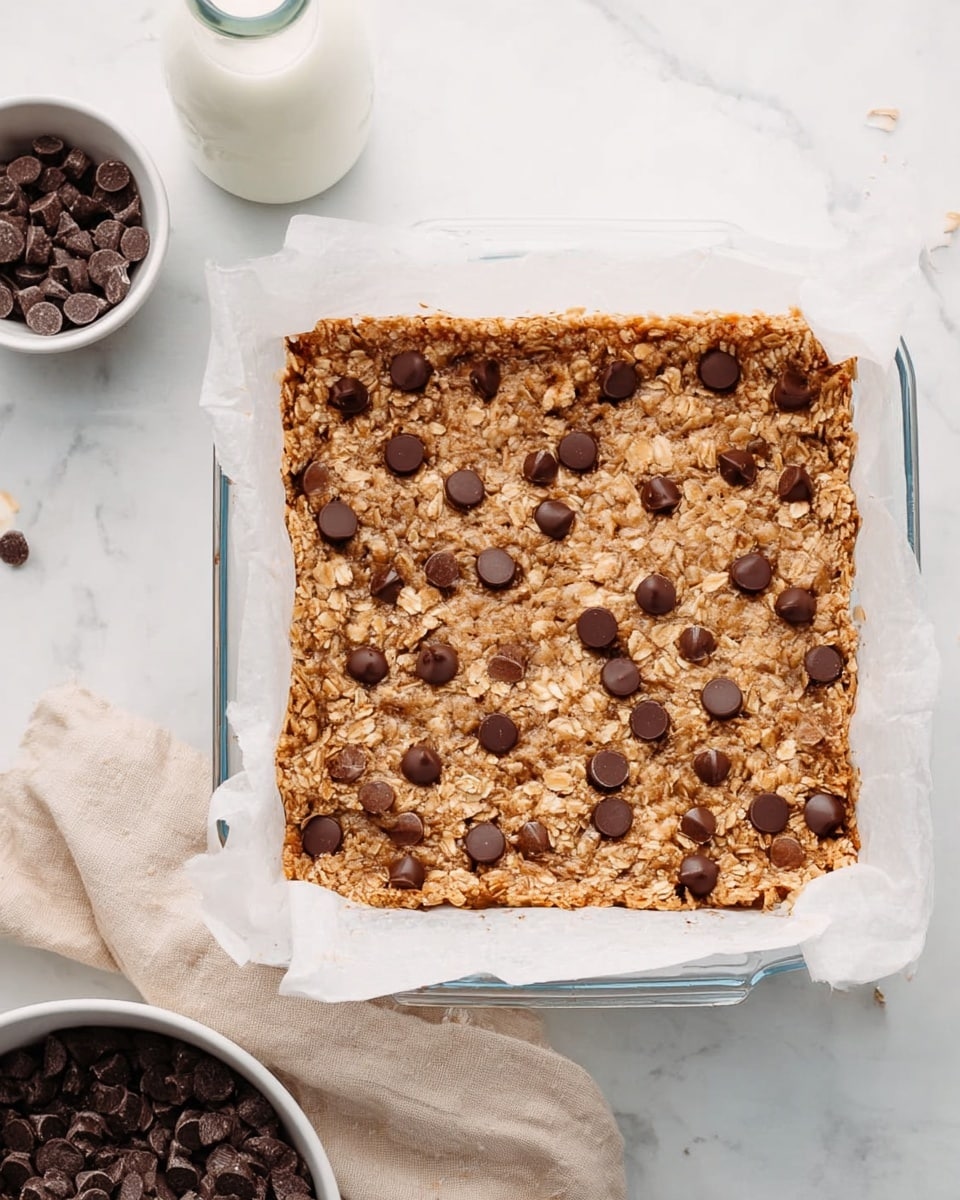 A square baked oatmeal bar sits in a clear glass baking dish lined with white parchment paper on a white marbled surface. The oatmeal bar has a light golden brown color with a rough, crumbly texture, and is sprinkled with many small, round, dark brown chocolate chips scattered unevenly on top. The edges of the bar appear firm but slightly soft, with some small cracks showing its baked texture. Nearby, there is a white bowl filled with more chocolate chips and a glass bottle of milk, completing the simple breakfast scene. photo taken with an iphone --ar 4:5 --v 7