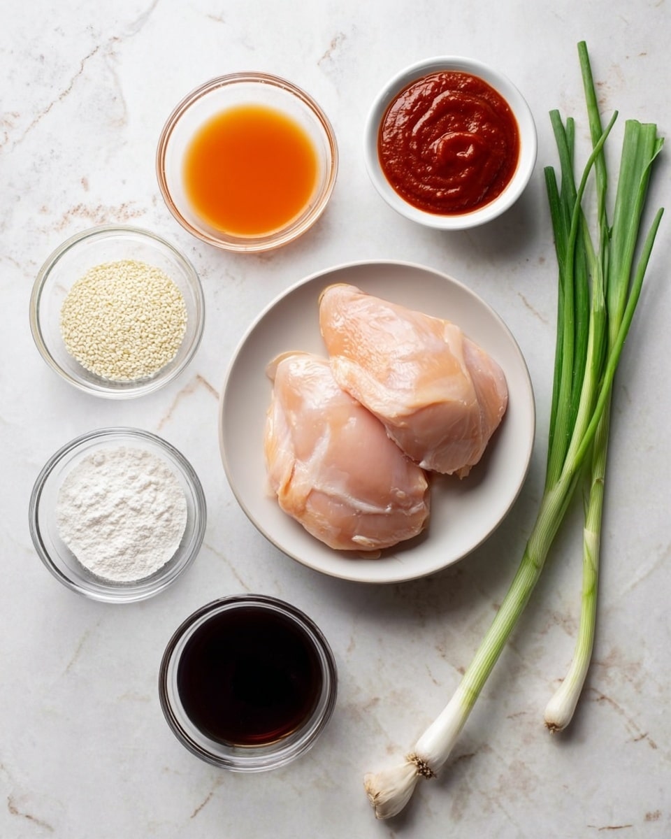 In the center, there is a white bowl holding two raw chicken pieces with a pale pink color and smooth texture. Surrounding this bowl are five small white bowls; the top left one contains a bright orange liquid, the top middle one holds a thick red sauce, and the top right one has white sesame seeds. On the bottom left is a clear bowl with white powder, and next to it is a dark brown liquid in another clear bowl. Two green onions with white bulbs and long green stalks lay next to the central bowl on a white marbled surface. photo taken with an iphone --ar 4:5 --v 7