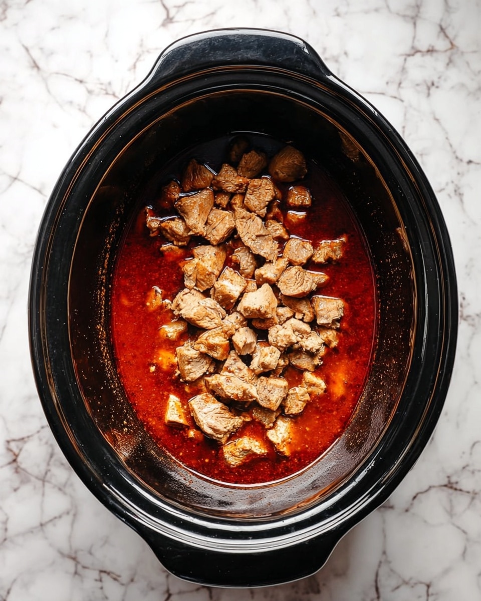 Inside a black slow cooker, there is one layer of dark red sauce with a smooth texture at the bottom. On top of the sauce, there is a single layer of light brown chunks of cooked meat with slightly crispy edges. The slow cooker sits on a white marbled surface. The photo taken with an iphone --ar 4:5 --v 7