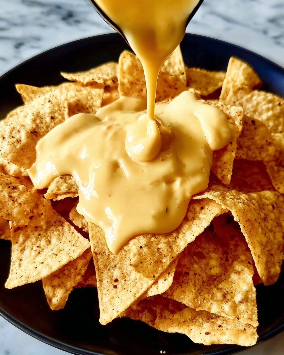 A close-up view of a black plate filled with light yellow corn chips with a rough texture and specks of seasoning. A smooth, creamy yellow cheese sauce is being poured thickly over the center of the chips, starting to cover them in a rich layer. The plate sits on a white marbled surface, with the pouring cheese creating a soft contrast against the crispy corn chips below. Photo taken with an iphone --ar 4:5 --v 7