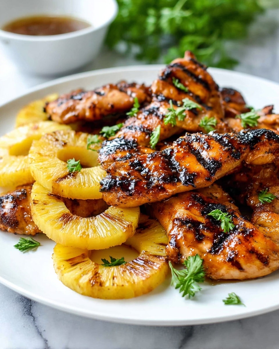 A white plate holds several grilled pieces of golden brown chicken, arranged in a slightly overlapping manner. Between the chicken pieces are bright yellow grilled pineapple rings with visible char marks, adding a sweet contrast. Small sprigs of fresh green parsley are scattered on top, adding a pop of color. The grilled chicken has clear dark grill lines and a shiny, slightly sticky glaze that reflects light, showing its juicy texture. In the background, a cup of sauce is slightly blurred on a white marbled surface. photo taken with an iphone --ar 4:5 --v 7