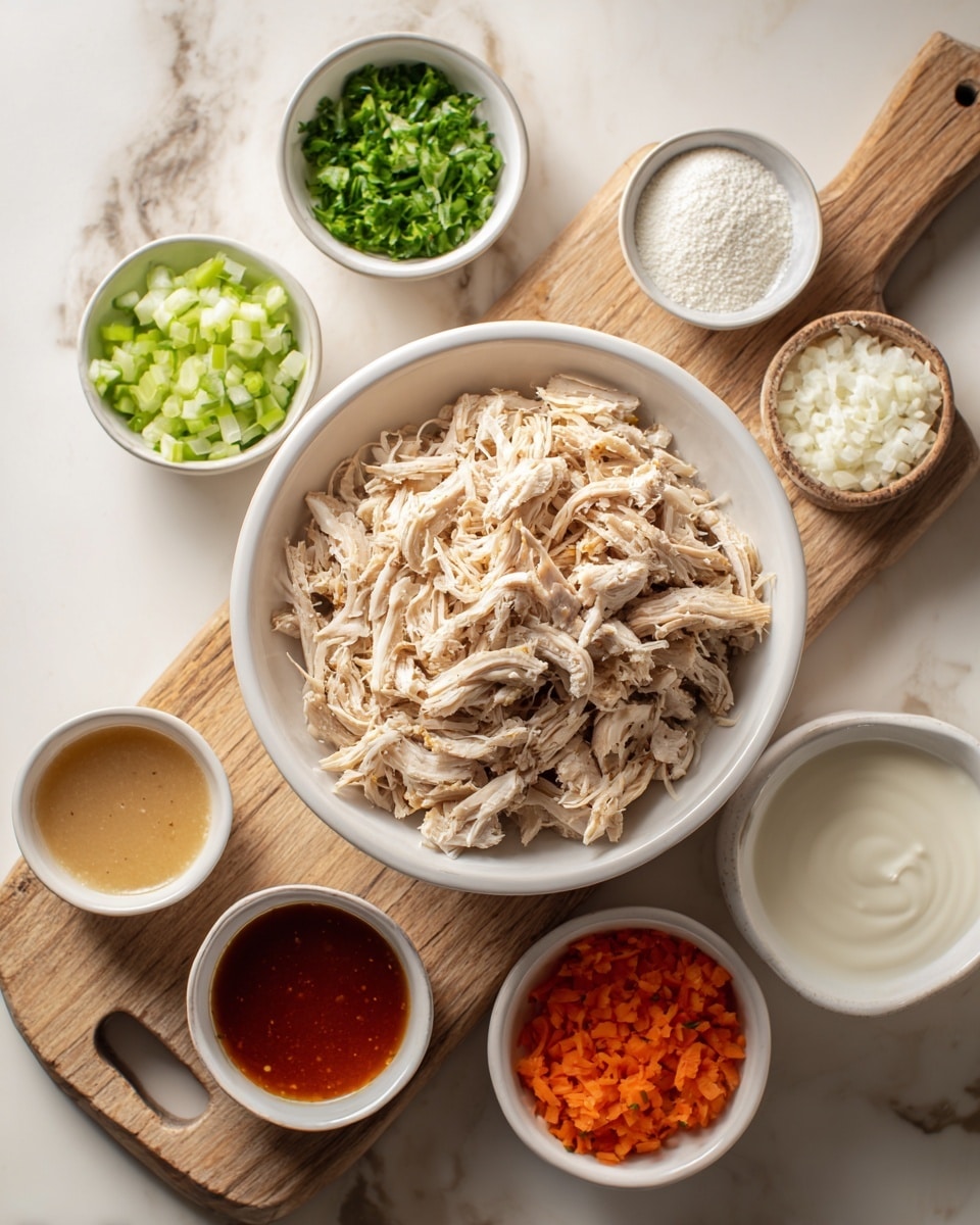 A white bowl filled with shredded light beige chicken sits center on a wooden cutting board with a handle, placed on a white marbled surface. Surrounding the bowl are seven small white bowls arranged in a loose circle: finely chopped green celery at the top, white powder in the bowl to the right, chopped white onion below that, grated bright orange carrot at the bottom right, thick white yogurt at the bottom left, a creamy beige liquid above the yogurt, and a reddish-brown sauce to the left of the chicken. The scene is simple with soft lighting, showing the ingredients clearly. Photo taken with an iphone --ar 4:5 --v 7