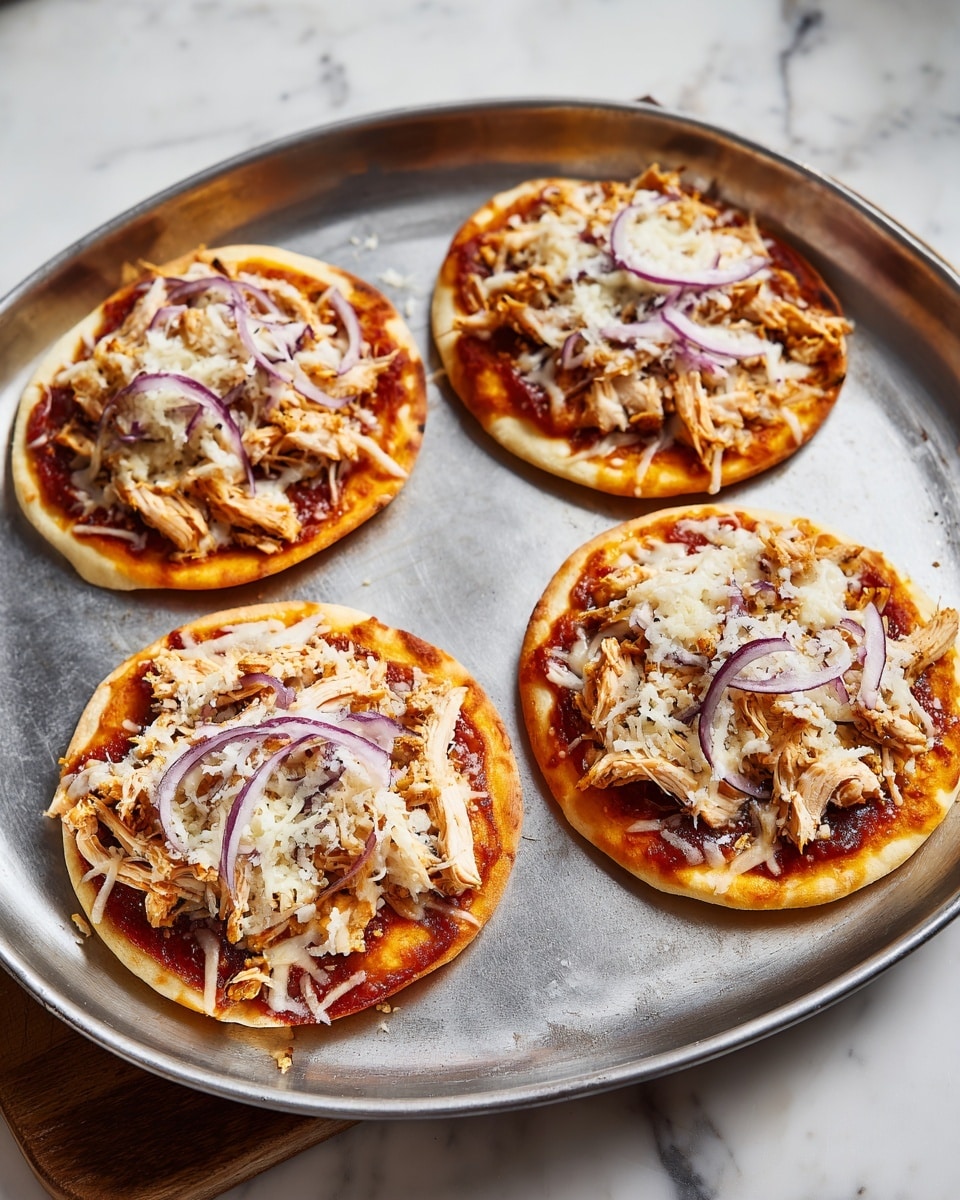 Four small round pizzas are placed on a metal baking tray, which itself is on a wooden board over a white marbled surface. Each pizza has a base layer of reddish tomato sauce with a slightly shiny texture. Over the sauce, there is a layer of shredded white cheese spread evenly. On top of the cheese is a generous amount of shredded light brown chicken, scattered across each pizza. Finally, there are thin curved slices of purple onion placed on top, adding a touch of color and texture. The photo taken with an iphone --ar 4:5 --v 7
