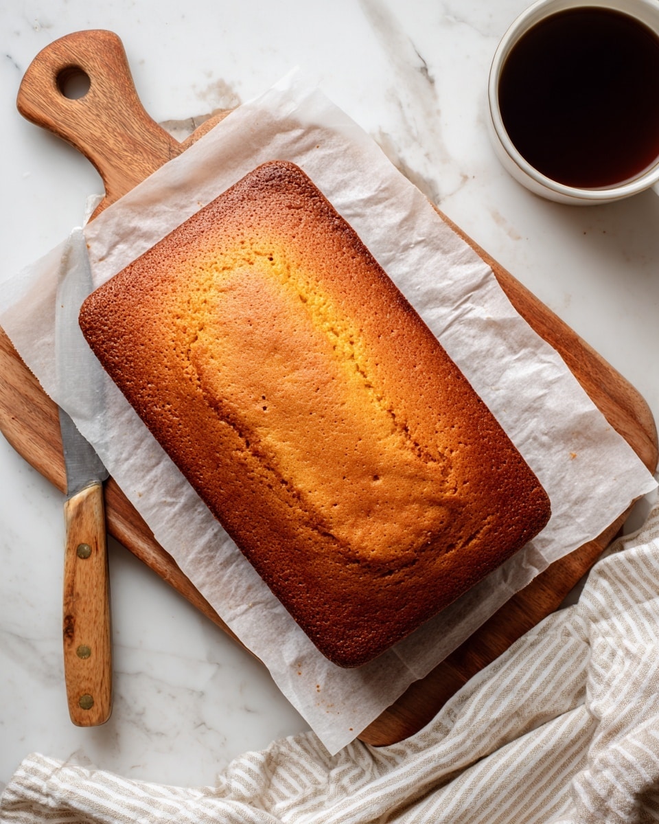 A large rectangular golden brown baked cake with a slightly wrinkled and textured surface rests on white parchment paper, which is on a wooden cutting board with a handle. The cake has an even color with small dark specks scattered on top. To the left side, there is a knife with a light wooden handle, and on the right side, a white ceramic cup filled with a dark drink is partially visible. A soft, white and beige striped cloth is draped in the bottom right corner on a white marbled surface. Photo taken with an iphone --ar 4:5 --v 7