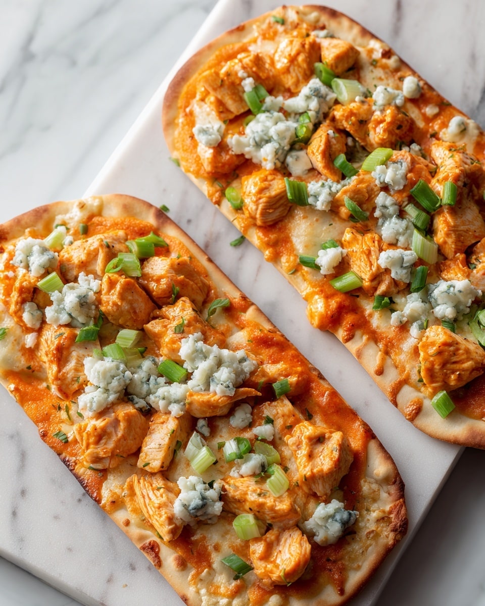 Two rectangular flatbreads on a white marbled surface, each topped with three layers: a smooth, bright orange sauce spread evenly first, followed by chunks of tender, light orange chicken scattered all over, and on top dollops of creamy white dressing with blue cheese pieces mixed throughout. Small, bright green chopped pieces of green onion are sprinkled evenly over the flatbreads, adding a fresh pop of color. The edges of the flatbreads are golden and slightly crispy. photo taken with an iphone --ar 4:5 --v 7