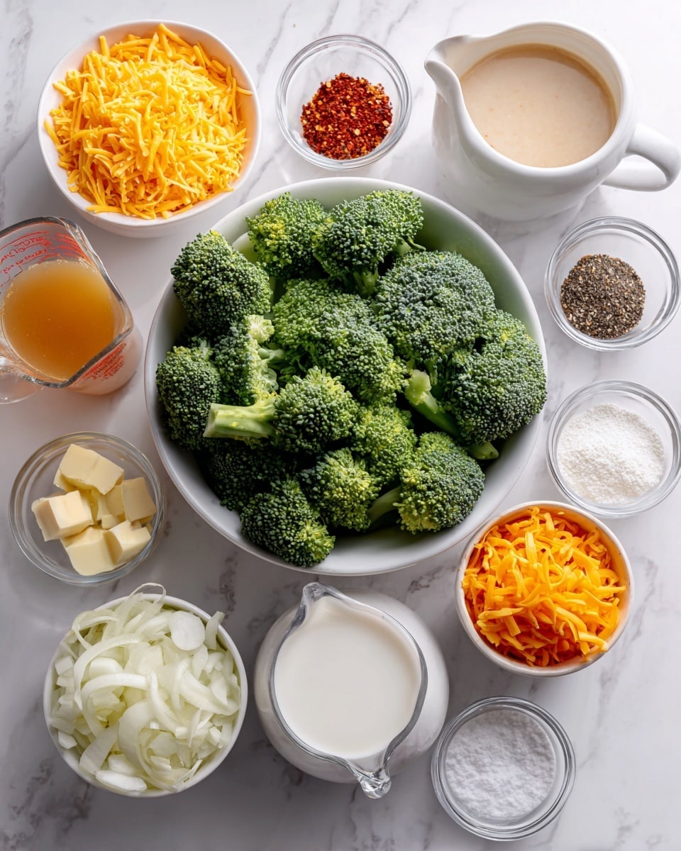 The image shows a clean white marbled surface with several white bowls and clear measuring cups arranged neatly, each holding different cooking ingredients. There is a large white bowl in the middle filled with fresh green broccoli florets. Surrounding it are smaller white bowls containing shredded orange cheddar cheese, finely chopped white onions, small cubes of pale yellow butter, and minced garlic. One white bowl holds bright orange shredded carrots, and another has a combination of black pepper, red paprika, and white salt arranged in three small piles. Two clear measuring cups contain a light brown broth and milk, and another small white bowl holds a white powdery substance. The setup is well organized, showing each ingredient clearly. Photo taken with an iphone --ar 4:5 --v 7