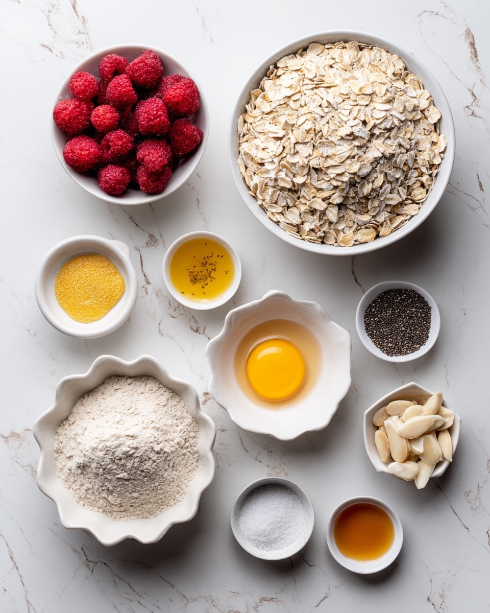 The image shows a top view of a white marbled surface with various small white bowls arranged neatly. Starting from the top right, there is a large bowl filled with light beige rolled oats. Below it, a white bowl contains frozen raspberries with a dusty texture. To the bottom left, there is a large bowl filled with pale beige flour. In the center, a scalloped white bowl holds one raw egg yolk in the middle. Other bowls around these main ones hold ingredients like golden honey, golden maple syrup, yellow melted butter, black chia seeds, almond slices, fine white salt, and light brown sugar. The colors range from creamy whites and warm yellows to deep reds and light browns, all set on a smooth, white marbled background. photo taken with an iphone --ar 4:5 --v 7