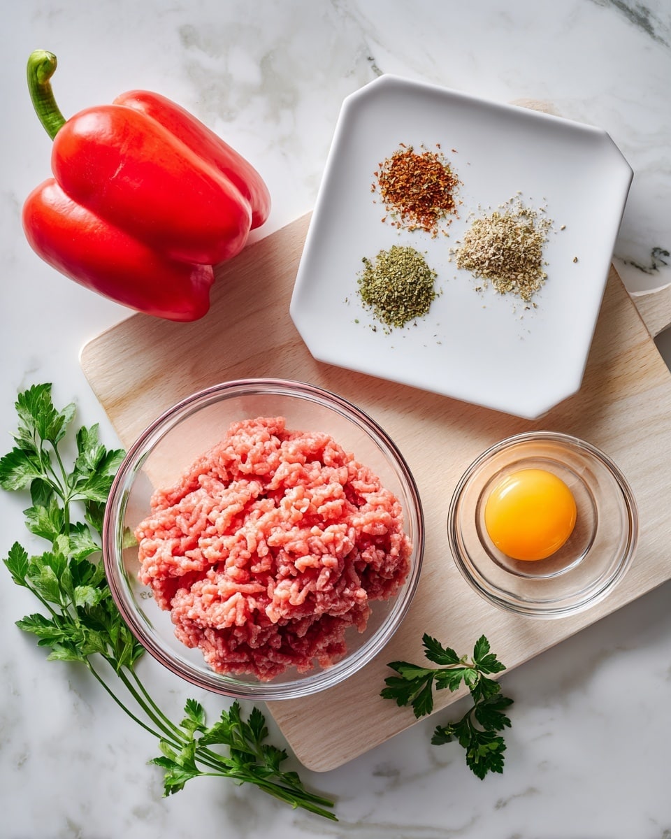The image shows cooking ingredients arranged on a white marbled surface. There is a clear glass bowl at the bottom holding a pink layer of ground meat with a soft, uneven texture. Above and to the right, a small clear glass bowl contains a single raw egg with a bright yellow yolk and translucent white. To the left side, a whole red bell pepper with its green stem is placed, showing a smooth surface. Above the pepper, a white square plate on a light wood cutting board holds two piles of dried spices, one greenish and the other brownish. Fresh green parsley is scattered around on the surface, adding a fresh touch. photo taken with an iphone --ar 4:5 --v 7