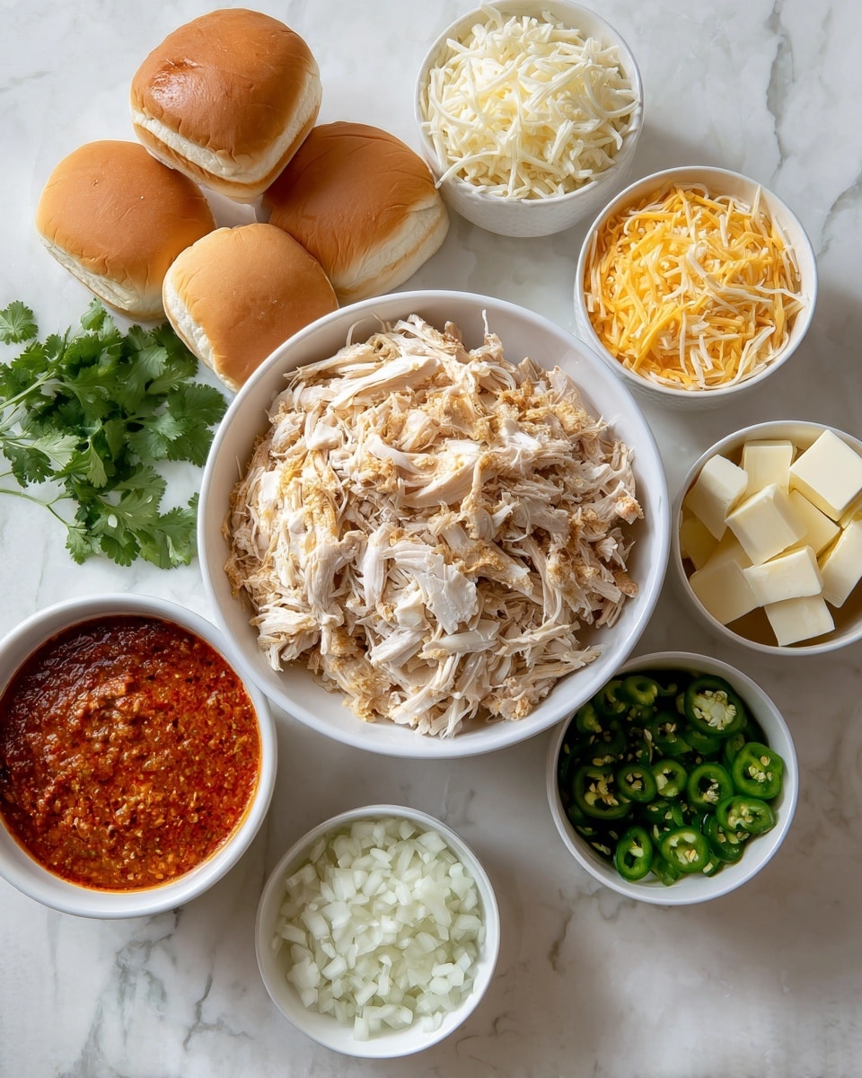 A white bowl in the center is filled with shredded light brown and white chicken. Around it are smaller white bowls: one with bright orange-red sauce, one with a mix of yellow and white shredded cheese, one with chopped green jalapeños, one with finely chopped white onions, one with grated white cheese, and one with small cubes of light yellow butter. There is also a grouping of four soft brown sandwich buns in the upper left. Green cilantro leaves lie next to the bowls on a white marbled surface. Photo taken with an iphone --ar 4:5 --v 7