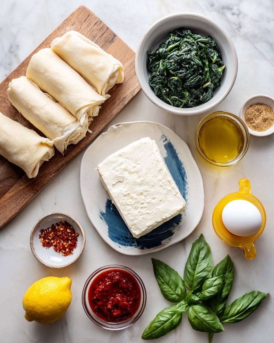 The image shows a top view of cooking ingredients arranged on a white marbled surface. On the left side, there is a light wooden board with folded sheets of light beige dough on it. Above the board is a white bowl filled with dark green cooked spinach. Near the center is a small glass container of golden-yellow olive oil. To the right of the oil is a white plate with a thick, rectangular block of white cheese sitting on a blue painted spot. Below the oil is a small white bowl with red chili flakes, and below that is a round glass container with red sauce. A whole yellow lemon is placed towards the bottom left, while fresh green basil leaves are at the bottom right. On the far right, a white egg sits on a transparent yellow egg holder, and next to it, a small white bowl contains a brownish spice. Photo taken with an iphone --ar 4:5 --v 7