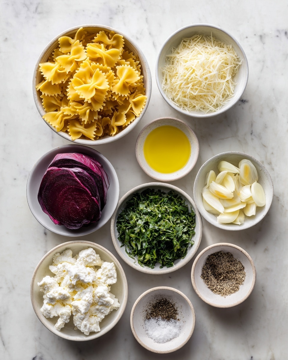 The image shows nine small white bowls arranged on a white marbled surface, each containing different ingredients. One bowl is filled with dry yellow farfalle pasta on the left side. Above it is a bowl with grated white cheese. To the right of that is a bowl with a bright yellow liquid, likely oil. Below the oil is a bowl holding a whole peeled dark purple beetroot. Below the beetroot is a bowl filled with chopped fresh green herbs. At the bottom left is a bowl with white cottage cheese, next to it on the right is a bowl with thinly sliced garlic. Further right is a bowl with coarse white salt, and at the bottom right is a bowl with ground black pepper. The bowls are neatly spaced and the bright colors of the ingredients stand out clearly. photo taken with an iphone --ar 4:5 --v 7