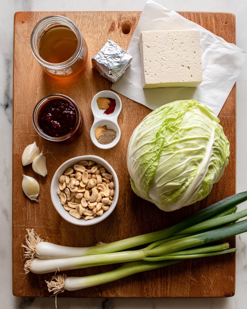A wooden board holds various fresh ingredients neatly spread out; on the top right, a whole green cabbage rests partially on a white paper towel, next to a beige block of tofu on the lower right; two long green onions with white bases lie horizontally near the center; below the onions, a white bowl is filled with pale roasted peanuts; beside the peanuts is a small glass jar filled with dark red sauce; to the left, a jar of light brown liquid is visible; above that, two peeled garlic cloves sit side by side; near the top left corner, a small white bowl contains three different powdered spices separated but close together, and next to it is a small silver cube wrapped in foil; all of this is placed on a smooth wooden board with a white marbled surface showing beneath in the corners, photo taken with an iphone --ar 4:5 --v 7