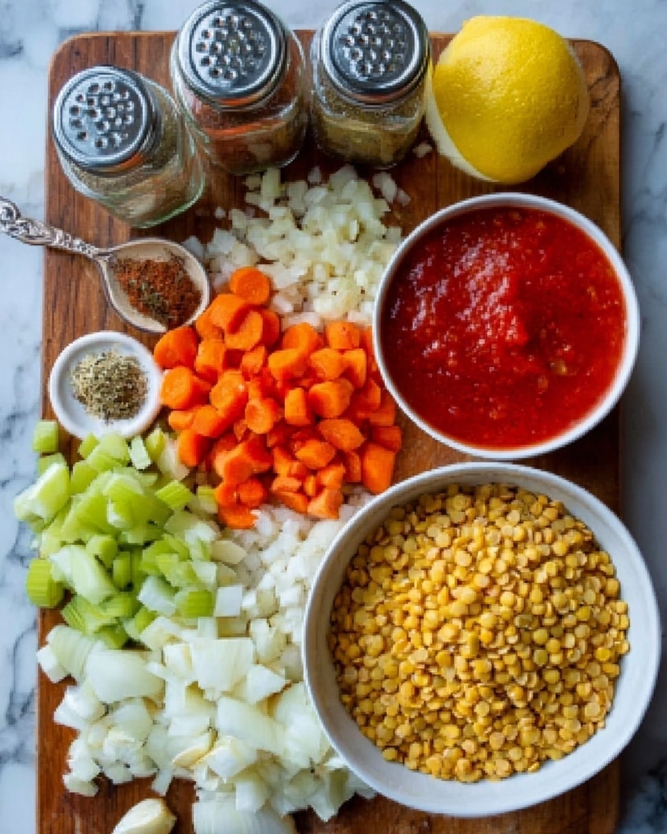 The image shows a wooden board with colorful ingredients neatly arranged in small piles and bowls. There is a white bowl filled with yellow split peas, placed to the right. Around the bowl, there are layers of chopped orange carrots, light green celery, white onion pieces, and peeled garlic cloves. At the top left corner, there are small glass jars with brown and green spices next to the vegetables. At the top right, a white bowl holds bright red tomato sauce with a yellow half lemon beside it. The overall setup sits on a white marbled surface. Photo taken with an iphone --ar 4:5 --v 7