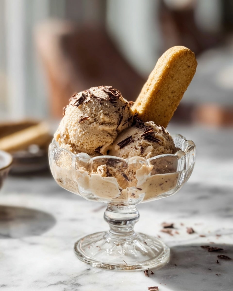A clear glass dessert bowl with scalloped edges holds two scoops of light brown ice cream with a smooth, creamy texture. The ice cream has small dark chocolate shavings sprinkled on top, adding a touch of contrast. Inside the bowl, a light yellowish sponge biscuit is placed upright, leaning against the ice cream. The bowl stands on a short, fluted pedestal, and it is set on a white marbled surface with soft natural light and blurred background elements. Photo taken with an iphone --ar 4:5 --v 7
