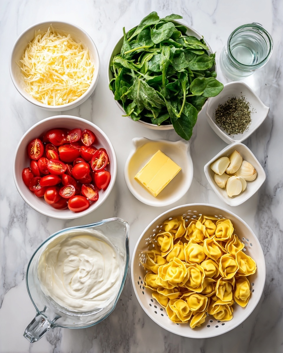 The image shows eight white bowls and a glass measuring cup arranged on a white marbled surface. The largest white colander on the bottom right holds yellow tortellini pasta. To the left of it is a white bowl filled with fresh green spinach and arugula leaves. Above the colander is a white bowl with light yellow Parmesan cheese shavings. To the right of the Parmesan is a bowl containing garlic slices and dried herbs. Above that is a white bowl with a square of yellow butter sitting in oil. Next to the butter is a white bowl filled with halved bright red cherry tomatoes. To the left of the tomatoes is a glass measuring cup with creamy white heavy cream. Above the cream is a small glass jar with clear white liquid labeled white wine. The scene is neat and bright with fresh ingredients clearly visible. Photo taken with an iphone --ar 4:5 --v 7