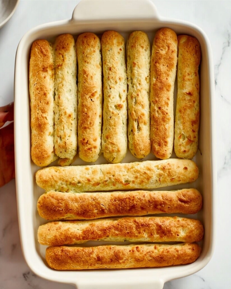 The image shows a white rectangular baking dish filled with 13 golden-brown breadsticks arranged in three rows. The top row has six breadsticks standing vertically with a slightly cracked surface texture and a mix of light and darker golden shades. The middle row has two breadsticks lying horizontally, showing a more even golden brown with some small dark spots. The bottom row contains five breadsticks placed vertically again, with a varied golden texture that appears slightly rough. The background is a white marbled surface, and a woman's hand is partly visible on the top left corner, holding the dish. Photo taken with an iphone --ar 4:5 --v 7