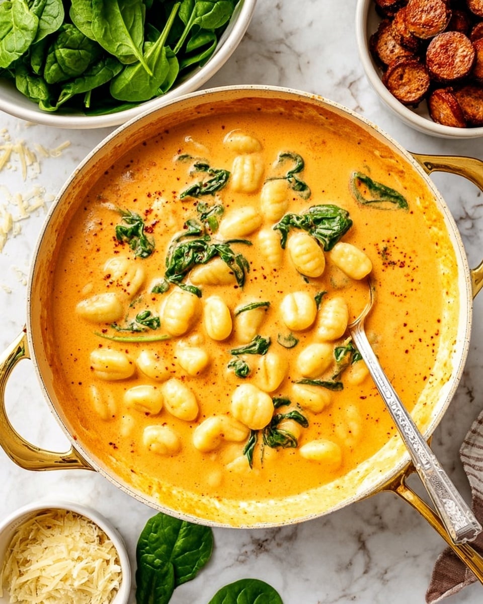 The image shows a white pan with golden handle filled with a thick, orange creamy sauce, with soft, pale yellow gnocchi floating on top. A silver fork rests in the pan at the right side, partially covered by the sauce and gnocchi. Around the pan, on a white marbled surface, there is a white bowl with fresh dark green spinach leaves at the top left and a white bowl filled with browned sausage slices at the bottom left, with some spinach leaves loose nearby. The colors are warm and inviting, highlighting the contrast between the creamy sauce, tender gnocchi, and fresh greens. Photo taken with an iphone --ar 4:5 --v 7