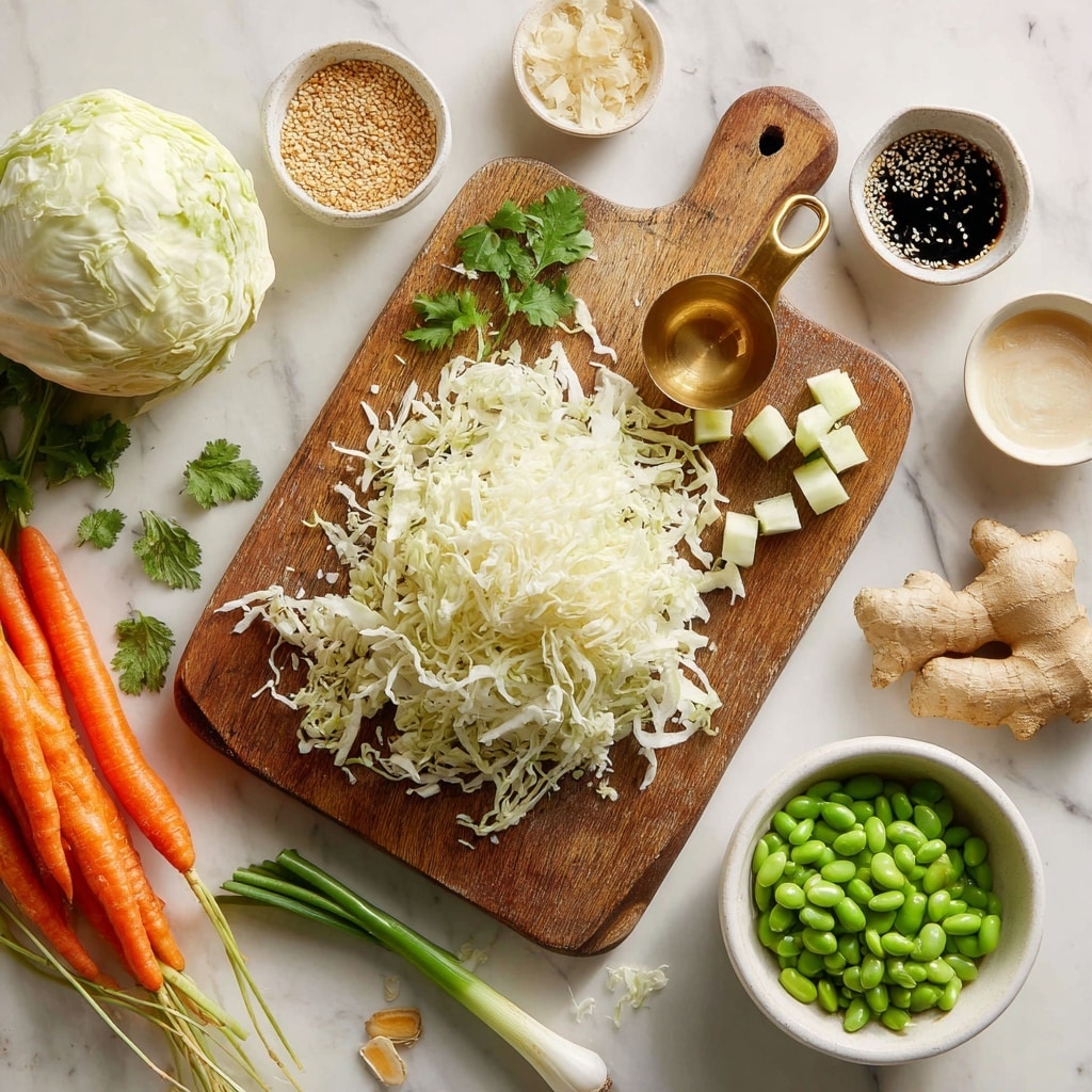 The image shows a wooden cutting board on a white marbled surface, with shredded white cabbage piled in the center and chunks of cucumber scattered and partly inside a gold measuring cup on the right side of the board. On the left side of the board are a quarter head of white cabbage and some whole bright orange carrots with green tops. Near the bottom right side is a white bowl full of fresh bright green edamame. Around the board, there are other ingredients including a piece of fresh ginger root, green onions, fresh cilantro, a wooden spoon with sesame seeds, and small white bowls with light and dark sauces. Photo taken with an iphone --ar 4:5 --v 7