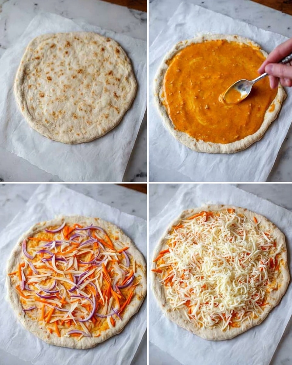 The image shows a four-step process of making a pizza on a white marbled surface. In the first part, a round flat dough with rough edges lies on baking paper, and a spoon held by a woman's hand spreads an orange sauce in the center. The second part shows the same dough fully covered by the smooth orange sauce in an even layer. The third part adds thin strips of bright orange and purple vegetables spread evenly over the sauce. In the last part, the pizza is topped with a thick layer of shredded white cheese covering the vegetables and sauce beneath. Photo taken with an iphone --ar 4:5 --v 7