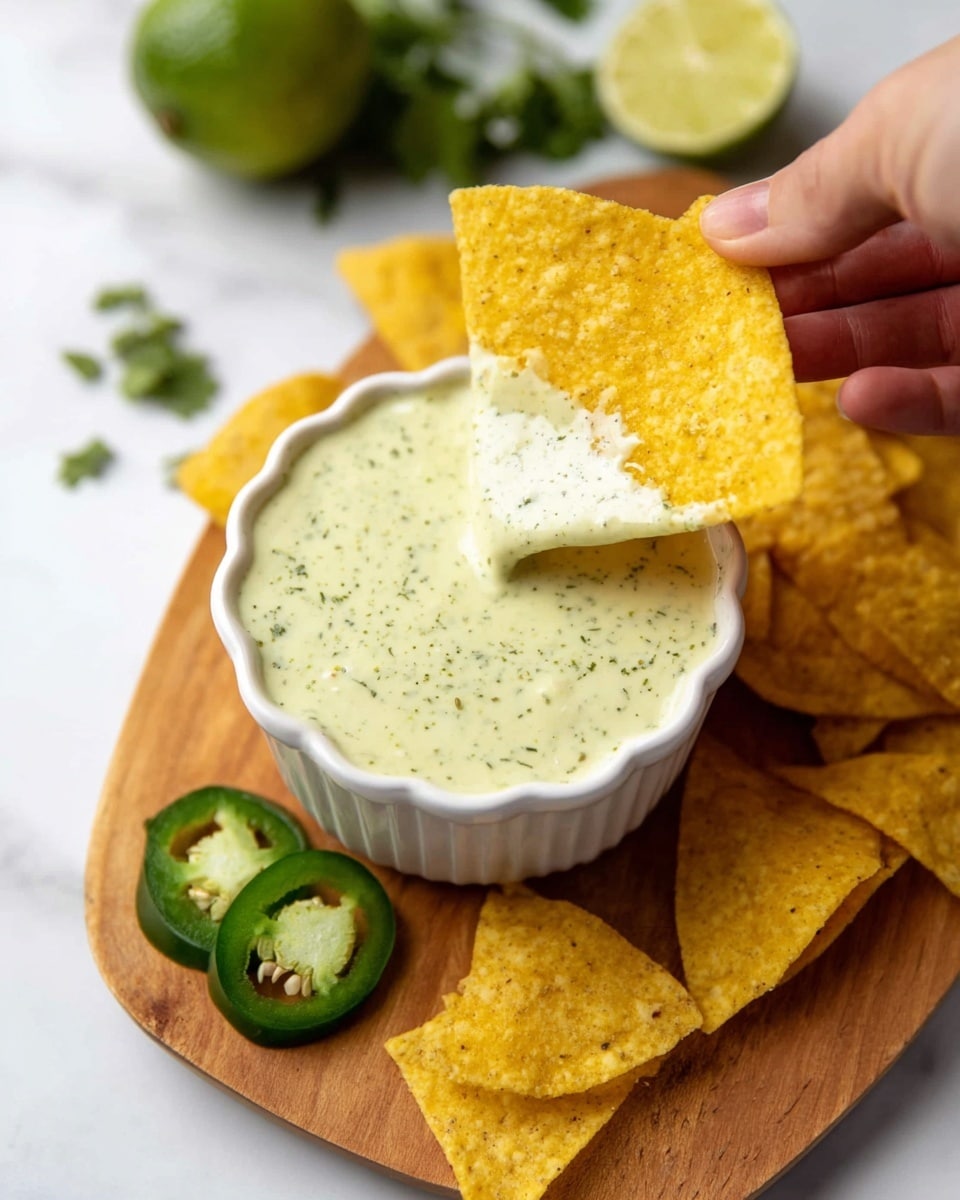 A woman's hand holds a single triangular yellow tortilla chip dipped in a thick, creamy light green sauce with specks of darker green herbs in a white scalloped bowl placed on a wooden board. Around the bowl, several similar yellow tortilla chips are scattered. To the side of the board, there are three slices of bright green jalapeño with seeds visible. In the background, half a green lime and some green cilantro leaves rest on a white marbled surface. photo taken with an iphone --ar 4:5 --v 7