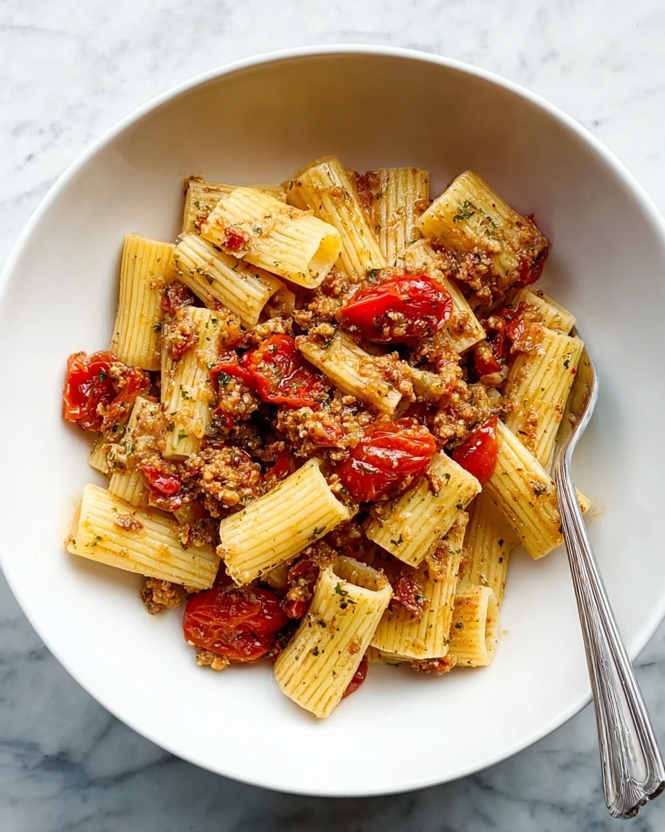 A white bowl with rigatoni pasta mixed with a chunky sauce that includes small pieces of red cherry tomatoes, bits of herbs, and a textured meat or nut mixture spread throughout. The rigatoni is pale yellow with ridges, and the cherry tomatoes are bright red and halved, adding pops of color. The sauce looks slightly oily with a speckled appearance due to the small herb and meat or nut bits, coating the pasta evenly. A silver fork rests inside the bowl on the right side. The bowl is placed on a white marbled surface. photo taken with an iphone --ar 4:5 --v 7