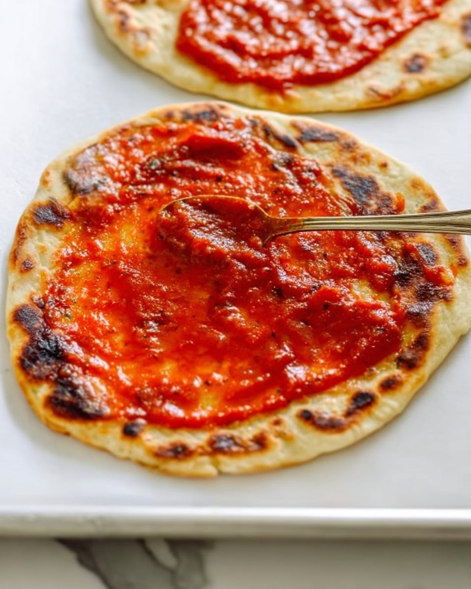 The image shows two thin, round flatbreads on a white marbled surface. The flatbreads are golden brown with some darker spots from cooking. Both have a layer of red tomato sauce spread on top with a spoon applying more sauce on the lower flatbread. The sauce looks smooth and glossy, covering almost all of the surface of the flatbreads except the edges. The flatbreads rest on a white baking tray with raised edges. photo taken with an iphone --ar 4:5 --v 7