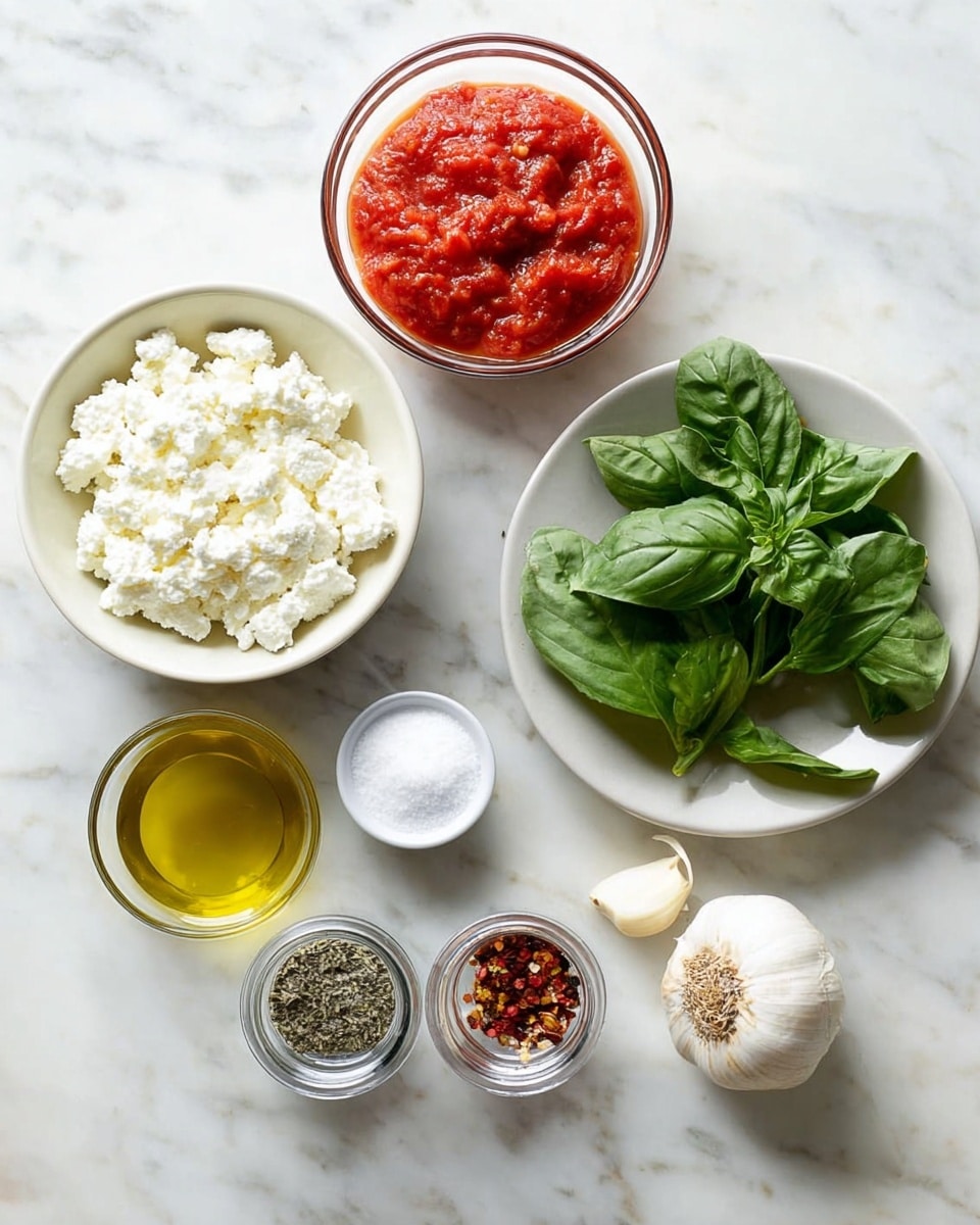 A white bowl filled with white, soft cottage cheese sits at the top left, next to a clear glass bowl full of bright red, chunky tomato sauce on the right. Below the cottage cheese bowl, there is a small white dish holding golden yellow olive oil. To the right, a white plate holds fresh bright green basil leaves. Below the olive oil dish, a clear glass jar contains white salt, and three small glass spice bottles are arranged in a row showing coarse black pepper, dried green herbs, and red chili flakes from left to right. Between the spice jars and basil plate, a whole pale garlic bulb with three individual cloves lies on the white marbled surface. photo taken with an iphone --ar 4:5 --v 7