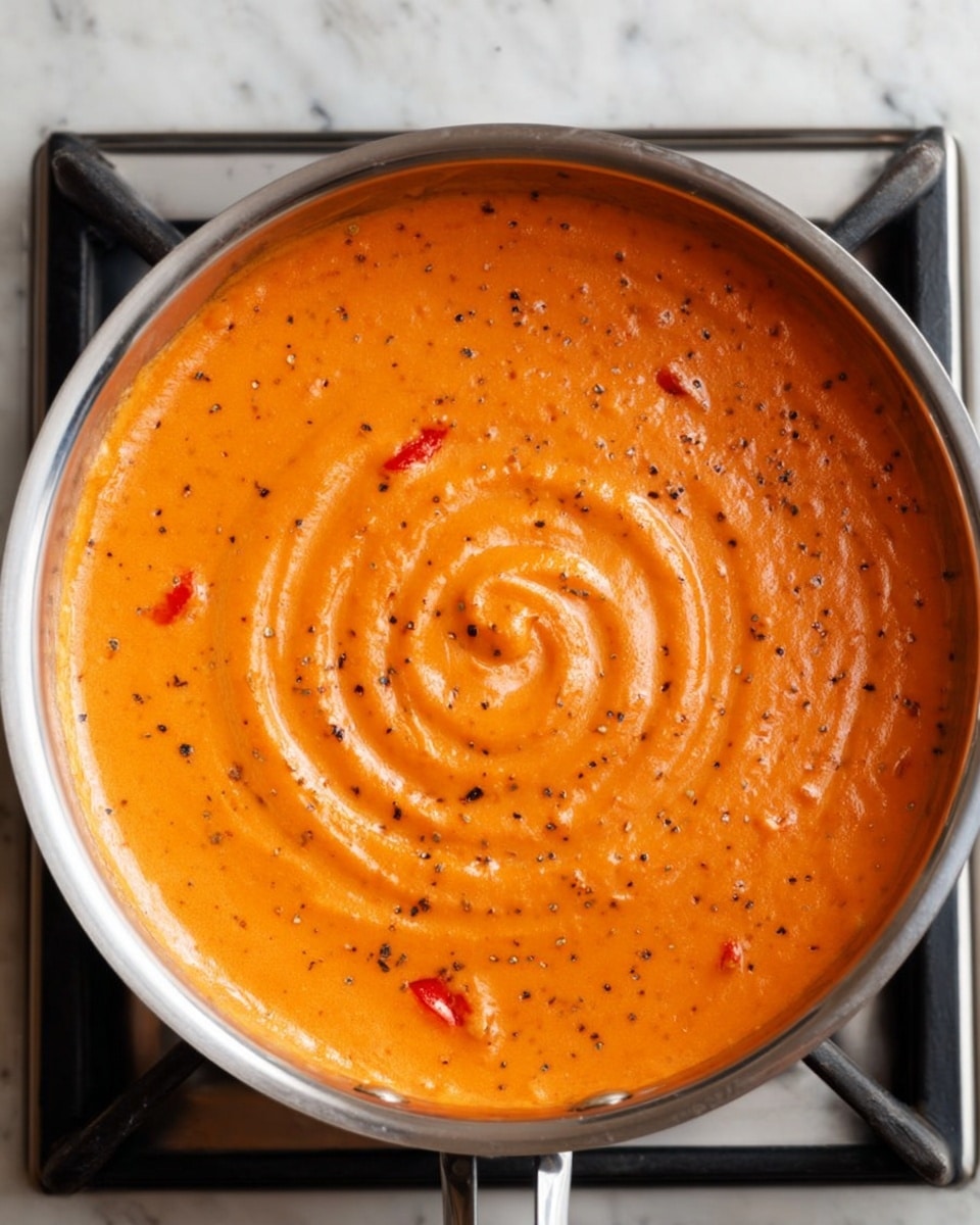 A top view of a shiny silver pan on a stovetop burner filled with thick, smooth orange sauce that has a few small red tomato pieces and tiny black specks spread evenly throughout. The sauce has a swirling texture in the center, showing motion and creaminess. The stovetop grate is black, and the background surface is a white marbled texture photo taken with an iphone --ar 4:5 --v 7