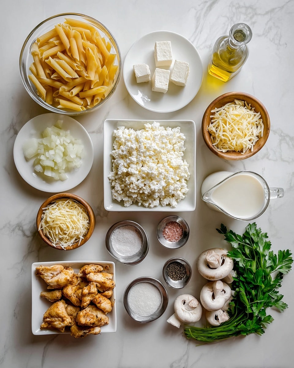 The image shows many cooking ingredients placed neatly on a white marbled surface. In the top left corner, there is a clear glass bowl filled with uncooked yellow penne pasta. Below it is a small white plate with four white cheese pieces. To the left, a bottle of olive oil is partially visible, and a small white bowl with chopped onions sits nearby. At the center, a square white dish holds a large amount of crumbly white ricotta cheese, with a wooden bowl of similar but finer white cheese above it. To the right of these cheeses are two small wooden bowls, one filled with shredded yellow cheese and the other with white milk in a glass jug. Below these are four small metal bowls containing salt, black pepper, sugar, and pink peppercorns. Near the bottom center, bite-sized cooked pieces of browned chicken sit on a white square plate. Fresh green parsley garnishes the scene, along with halved white mushrooms in the bottom right. Photo taken with an iphone --ar 4:5 --v 7