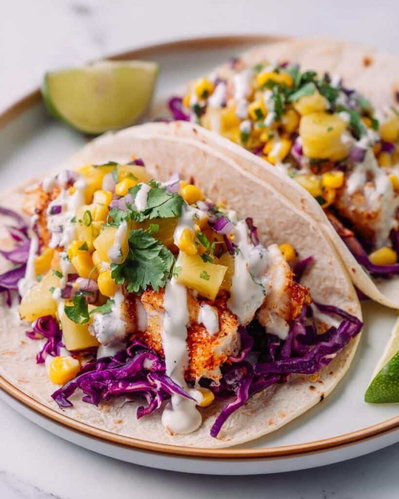 Blackened Mahi Mahi Tacos with Pineapple Corn Salsa and Chipotle Lime Sauce Recipe