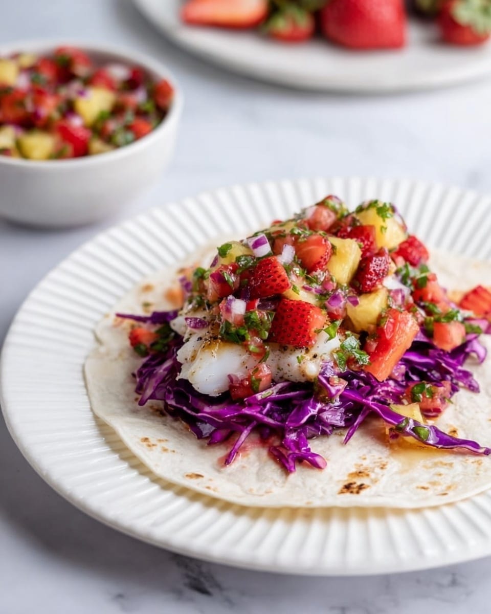 A grilled white tortilla is the base layer on a white plate with ridged edges. On top, a layer of shredded purple cabbage creates a dense, colorful bed. Over the cabbage, there is a layer of moist, flaky white fish. The dish is topped with a bright salsa made of diced strawberries, pineapple chunks, chopped green herbs, and small pieces of red onion, adding vibrant red, yellow, and green colors. In the background, a white bowl holds more of the same salsa, and the entire scene is set on a white marbled surface. Photo taken with an iphone --ar 4:5 --v 7