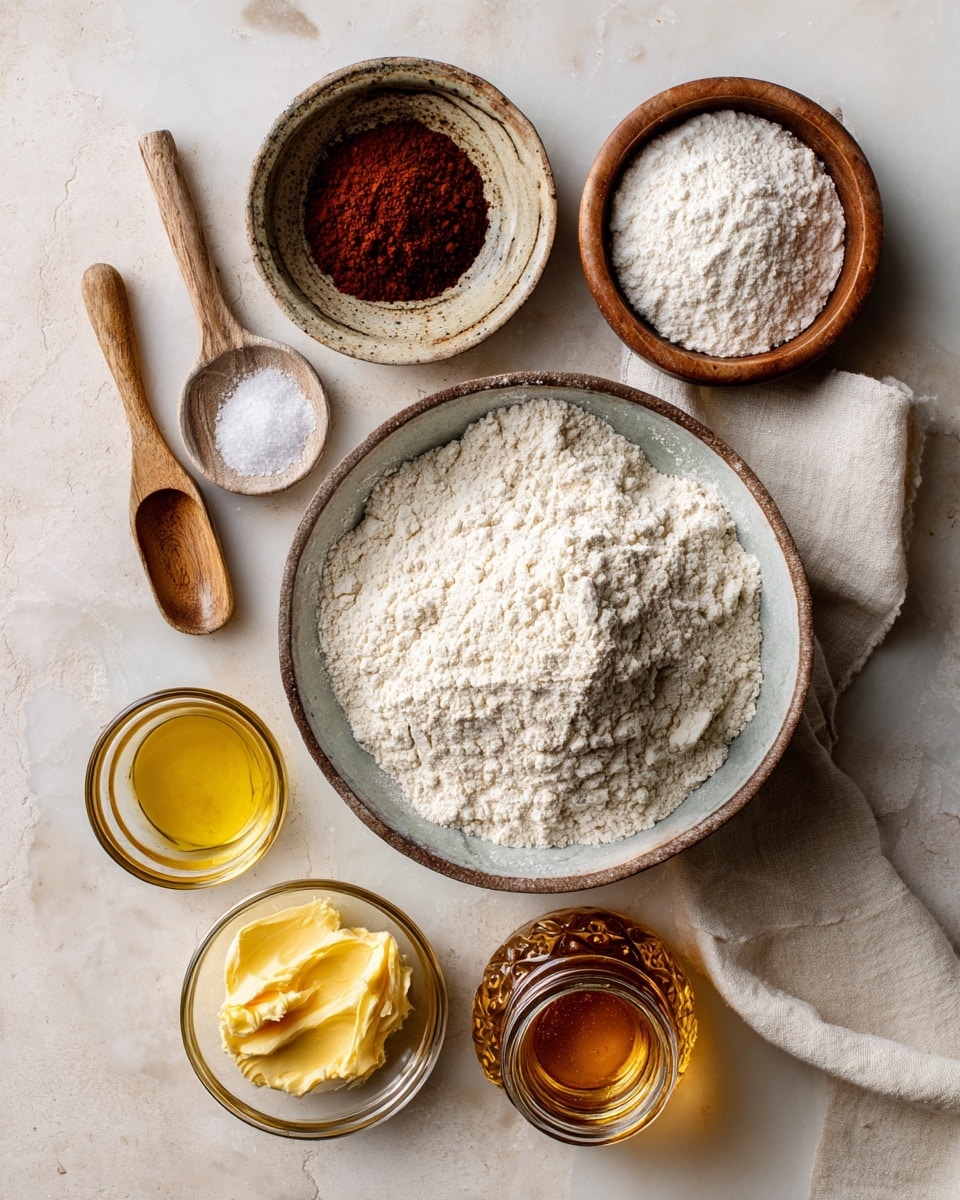 A top-down view of six small bowls and jars holding different baking ingredients arranged on a white marbled surface with a cream cloth underneath. In the center, a large clear glass bowl holds a heap of off-white all-purpose flour with a powdery texture. Above it, a small clear bowl contains dark reddish-brown cinnamon powder. Next to it is a small wooden bowl filled with white salt crystals. Beside the salt, a small wooden spoon holds light beige yeast powder. On the left side, a medium clear bowl holds bright yellow melted vegan butter with a smooth texture. Below, a tiny clear bowl contains amber-colored vanilla liquid, and next to it is a small ornate glass jar filled with golden vegan honey, showing its sticky shine. All containers are neatly spaced, and the scene is well lit with soft natural light, photo taken with an iphone --ar 4:5 --v 7