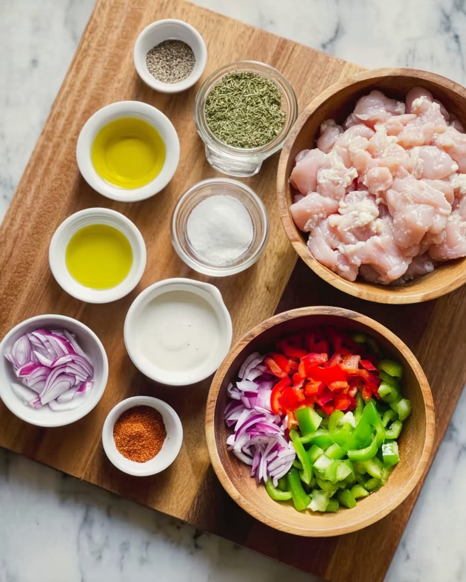 A wooden board holds several small white bowls and two wooden bowls arranged neatly. The largest wooden bowl on the right is filled with pale pink raw chopped chicken pieces, while the smaller wooden bowl on the left has chopped vegetables, including green bell peppers, red bell peppers, and purple onion pieces. Around these bowls are white bowls with various seasonings and liquids: a clear light yellow oil, white yogurt, black pepper, white salt, brown cumin powder, finely chopped garlic, red paprika powder, and green dried herbs. The wooden board rests on a white marbled surface. photo taken with an iphone --ar 4:5 --v 7
