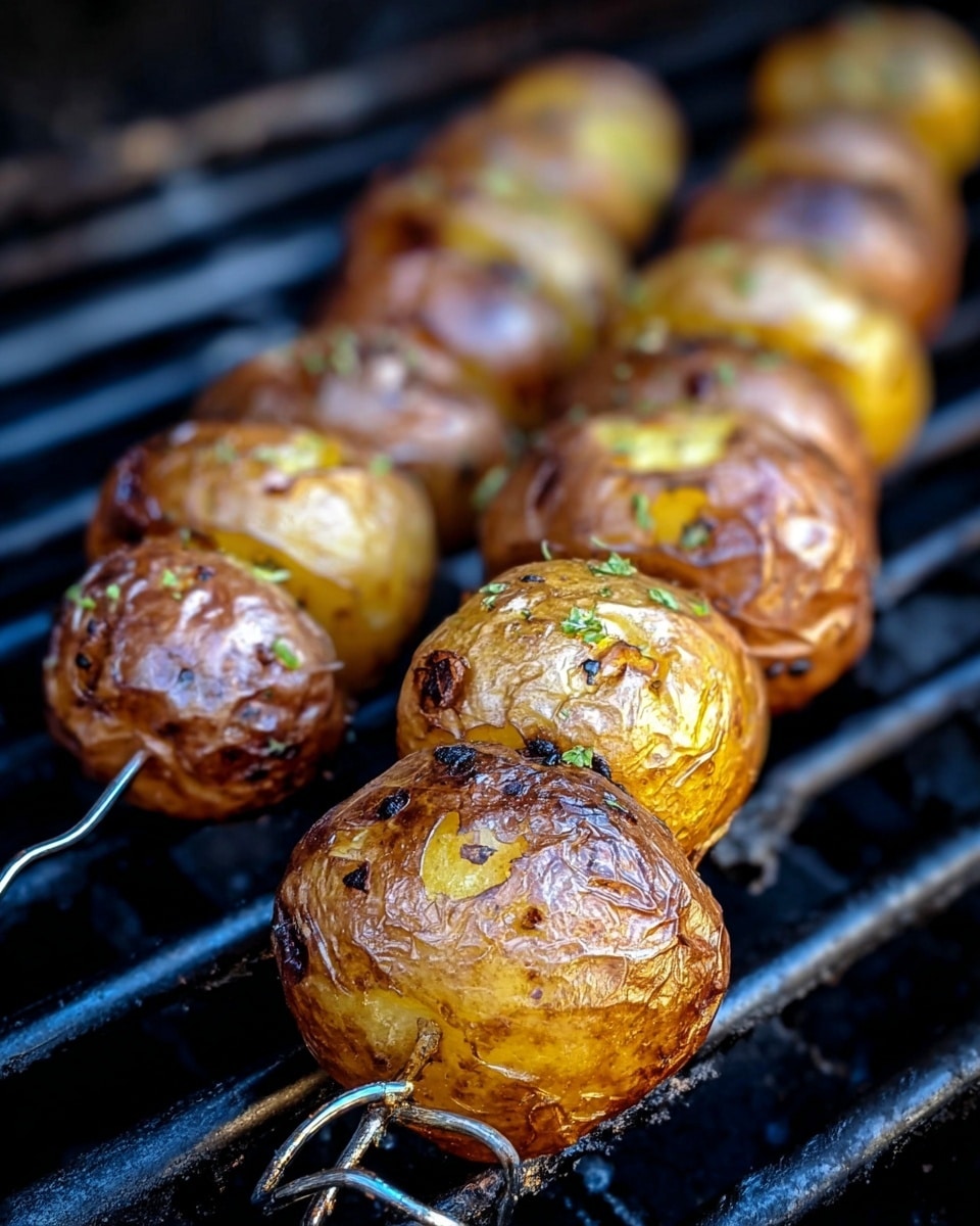 The image shows two rows of small, round potatoes skewered and grilled, lined up horizontally on a black grill. Each potato has a shiny, slightly wrinkled brown skin with grill marks and small pieces of green rosemary sprinkled on top. The potatoes have a roasted texture with parts that are darker from the grill heat. The background is a white marbled texture that contrasts with the dark grill and potatoes. photo taken with an iphone --ar 4:5 --v 7