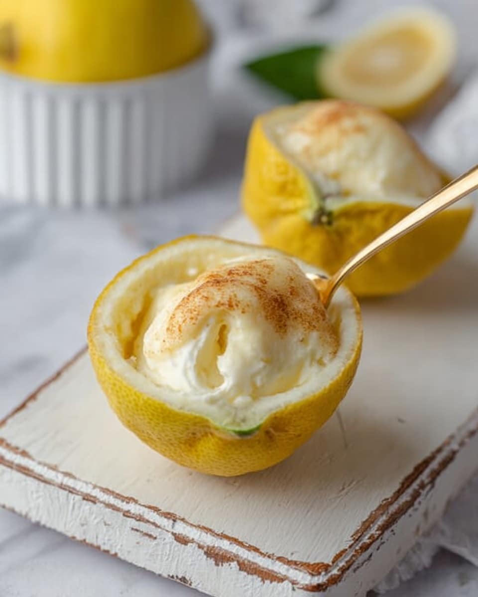The image shows a lemon carved in half, with the inner fruit scooped out and replaced by a smooth, creamy white dessert filling. The top of the dessert is lightly browned, creating a soft golden crust. A small gold spoon is placed inside the lemon shell, scooping some of the creamy dessert. The lemon half is set on a white wooden board with faint brown distressed marks, and in the background, there is a blurred white fluted bowl with another lemon behind it. The whole scene is on a white marbled surface. Photo taken with an iphone --ar 4:5 --v 7
