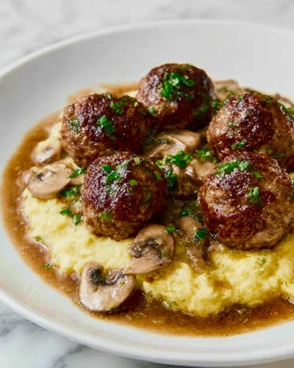 The dish shows five brown meatballs with a slightly rough texture, topped with small green herb pieces, placed over a base of creamy yellow mashed potatoes. Underneath and around the meatballs, there are soft, light brown mushroom slices mixed with a rich brown sauce that spreads gently around the mashed potatoes. The food is served on a white plate, set on a white marbled surface. Photo taken with an iphone --ar 4:5 --v 7