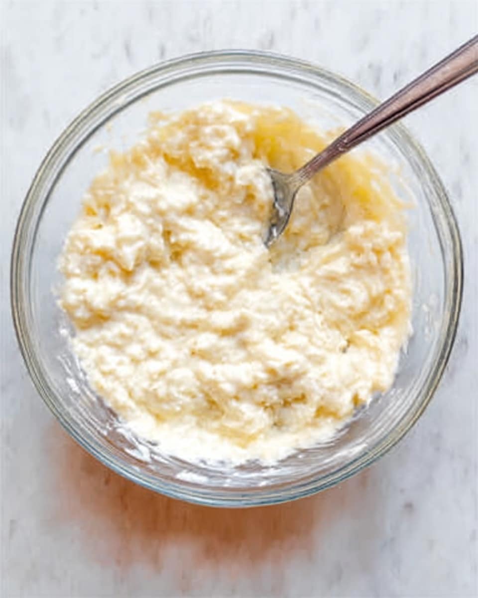 A clear glass bowl filled with a creamy, lumpy mixture that is pale yellow and off-white in color, showing a soft and thick texture with some small chunks visible. A metal spoon is partially dipped into the mixture on the right side of the bowl. The bowl is placed on a white marbled surface, and the spoon handle extends out of the bowl slightly. There are no other objects or colors in the frame, keeping the focus on the bowl and its contents. photo taken with an iphone --ar 4:5 --v 7