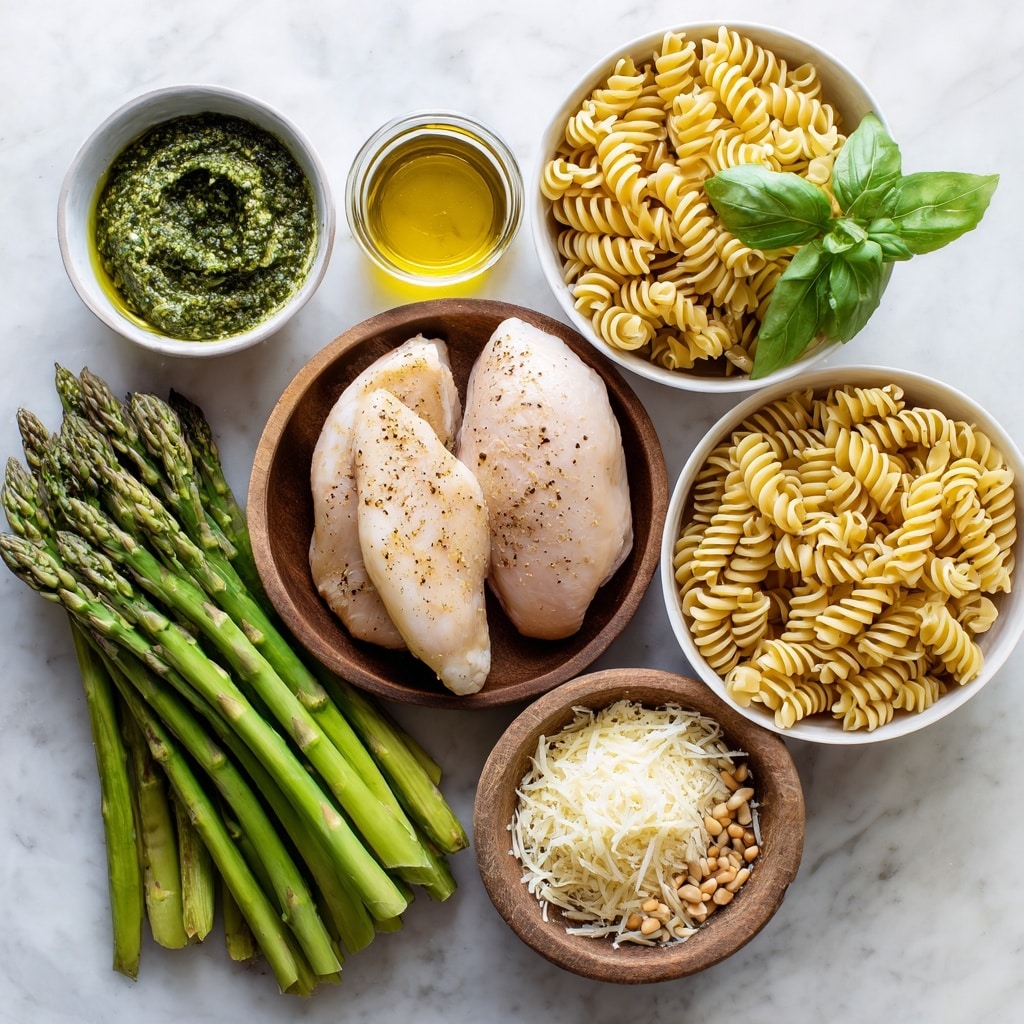 A white bowl filled with three layers: at the bottom, green asparagus pieces with a slightly charred texture; the middle layer shows cream-colored rotini pasta mixed with small, browned chicken cubes; the top layer is sprinkled with light-colored grated cheese and scattered tan pine nuts, garnished with fresh green basil leaves. A black spoon is placed on the side of the bowl, all set on a white marbled surface. Photo taken with an iphone --ar 4:5 --v 7