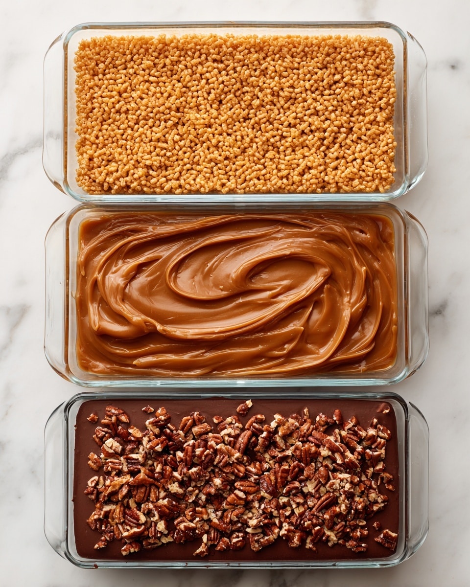 The image shows three clear glass rectangular dishes on a white marbled surface side by side. The first dish contains a single layer of golden brown rice krispies, with a bumpy and crispy texture evenly spread across the dish. The middle dish holds a smooth, thick layer of caramel in a rich light brown color, covering the dish evenly with a shiny surface and slight swirls. The third dish has a dark brown layer of chocolate topped with many chopped pecans scattered evenly across, adding a rough texture and reddish-brown contrast on top of the chocolate. Photo taken with an iphone --ar 4:5 --v 7