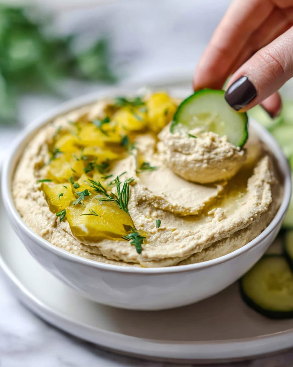 A white bowl filled with smooth light beige hummus spread evenly, topped on one side with bright yellow pickle slices and small green herb sprigs, all resting on a white plate with a white marbled surface underneath; a woman's hand with dark nail polish holds a small round cucumber slice dipped in hummus close above the bowl, showing the creamy texture contrasted with the fresh green inside of the cucumber; the background shows a blurred hint of green leaves. photo taken with an iphone --ar 4:5 --v 7