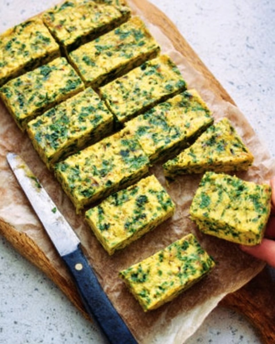 The image shows a rectangular white wooden board with a baked dish shaped in a large rectangle, cut into eight smaller rectangular pieces. The dish has a dense texture, with visible green herbs and small bits spread evenly throughout its pale yellow base. One piece is slightly pulled away from the main block, resting near a knife with a dark handle on the board. The background is a white marbled surface. photo taken with an iphone --ar 4:5 --v 7