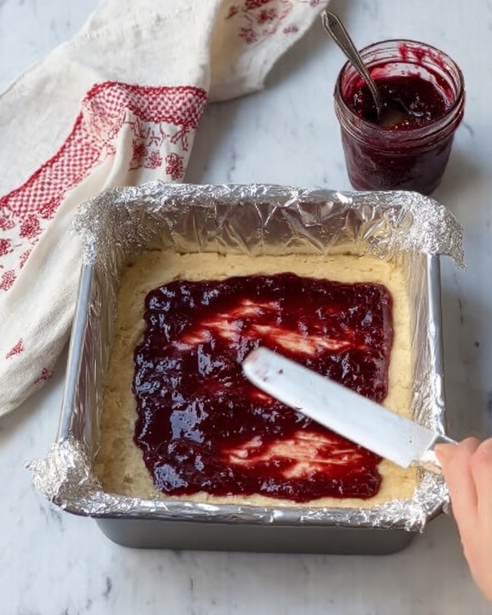 The image shows a square baking tin lined with shiny silver foil sitting on a white marbled surface. Inside the tin, there is a thin, pale yellow dough layer evenly pressed along the bottom and sides. On top of the dough, there is a thick, dark red jam-like spread being smoothed out with a flat silver knife held by a woman's hand coming from the right side. Nearby is an open jar of the same dark red jam, with a white cloth featuring red embroidery draped casually to the left. The light is soft, highlighting the shiny foil and the smooth texture of the jam. photo taken with an iphone --ar 4:5 --v 7