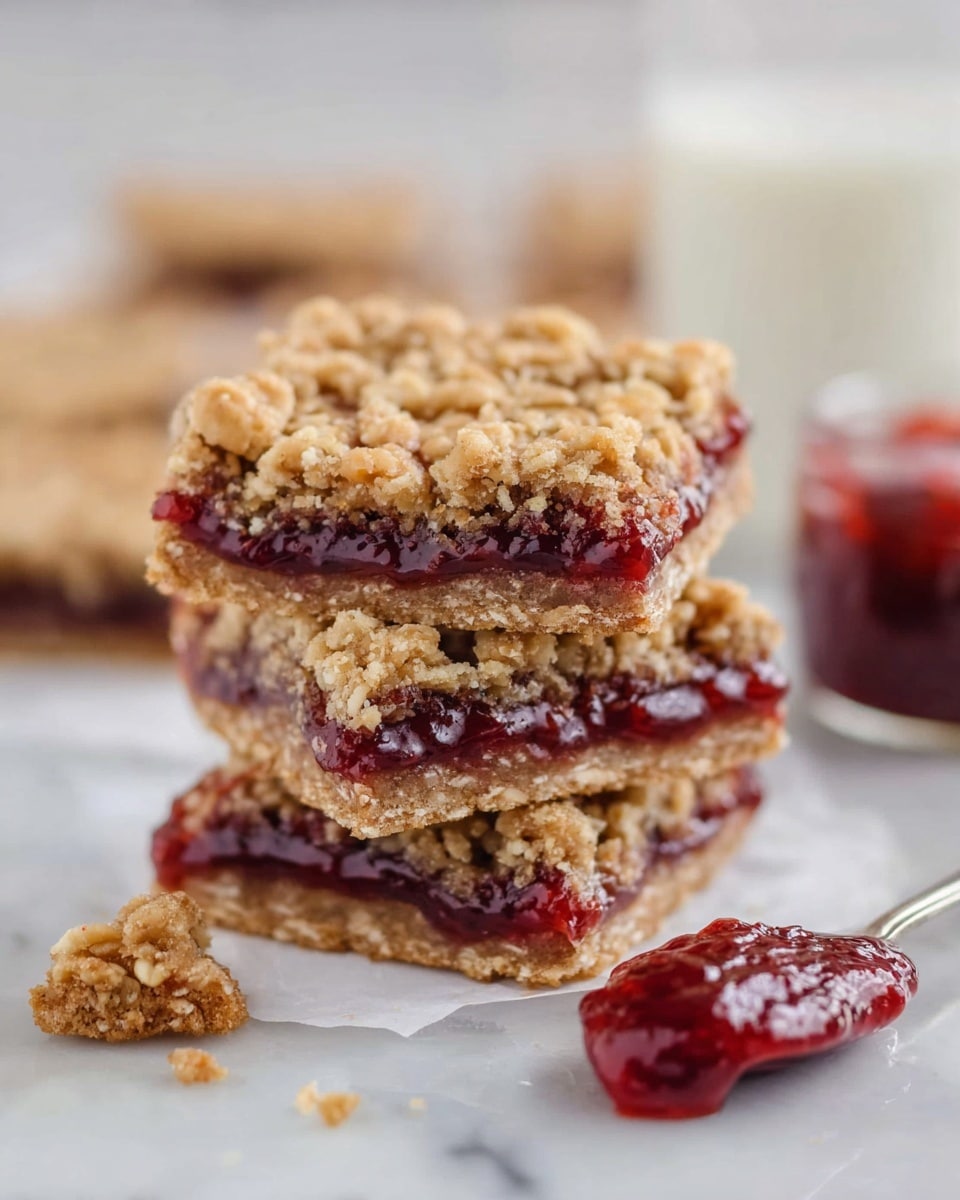 A close-up view of a dessert bar on a white plate, featuring two main layers: a bottom dark red fruit layer with visible juicy textures, topped with a thick crumbly oat and nut topping in light brown shades with chunks of oats and nuts. On top of the bar is a round scoop of white ice cream sprinkled lightly with crumb bits. Crumbs are scattered on the plate and a white marbled surface is in the background. A gold fork rests beside the bar. Photo taken with an iphone --ar 4:5 --v 7